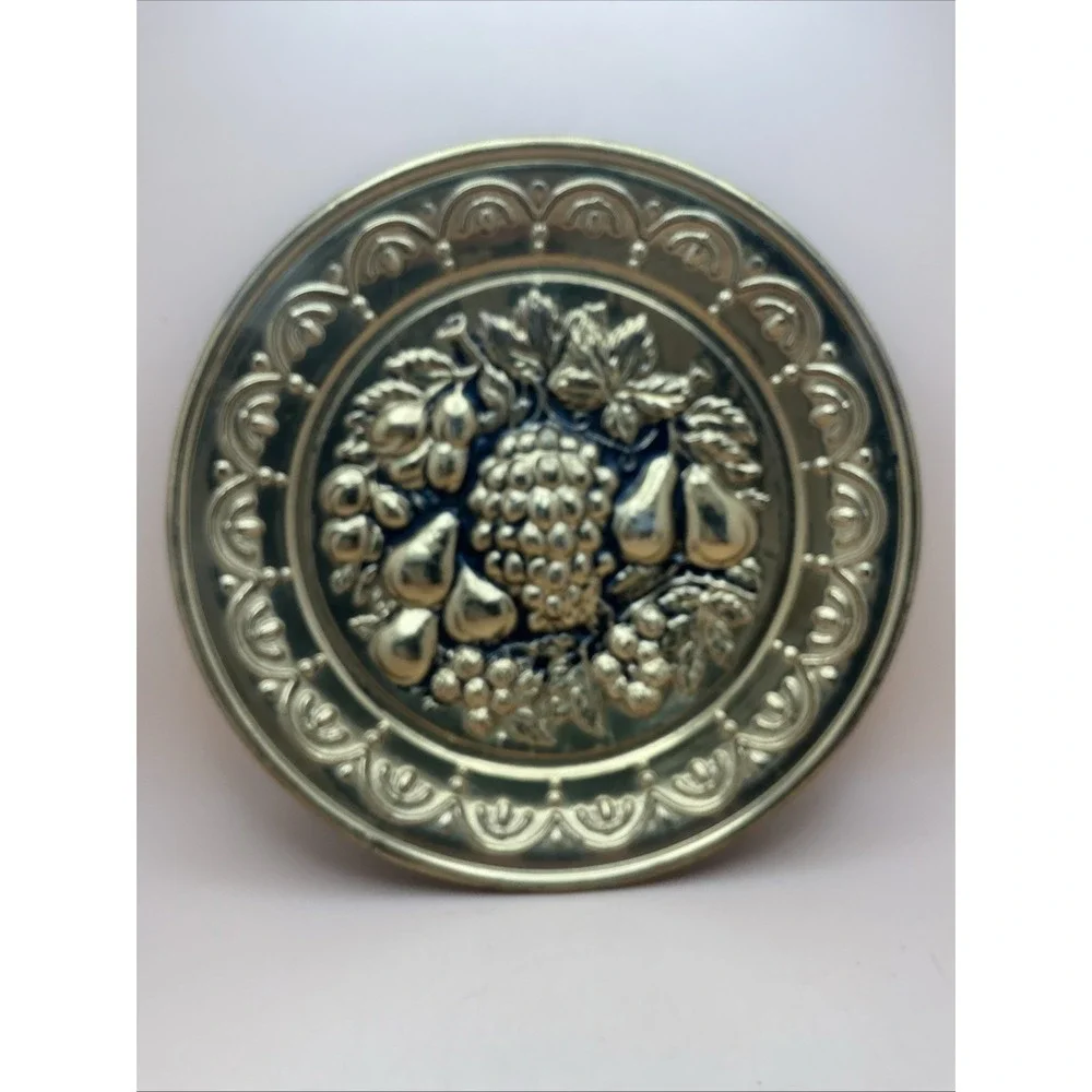Vintage English 2 Tin Wall Plates Fruit Still Life Gold Tone Blue/Black Ground
